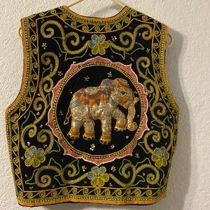 Vintage Black Velvet Sequined Embroidered Puffy Elephant Vest Boho Size M